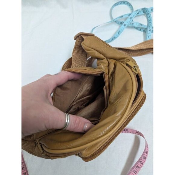 Tan leather patchwork 6 zipper pocket adjustable fanny pack, belt bag G6 - Picture 7 of 9